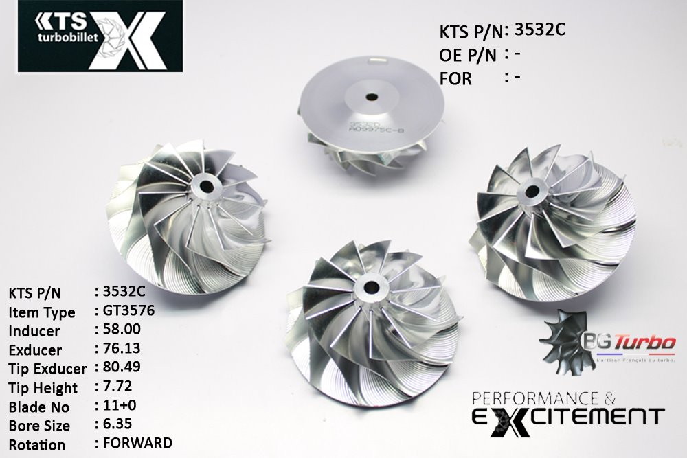 Turbo ROUE FORGÉE MFS PERFORMANCE - 11+0 PALES - INDUCER : 58 - EXDUCER : 76,13 - TYPE : GT3576ANGLE : 50° - ROTATION : Forward - SUPER BACK : 2,36 - BORE SIZE : 6,35
